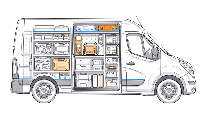 A cutaway service van fitted with shelves of high-value tools and equipment