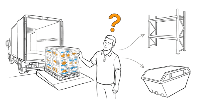 A goods-in worker facing an arriving chilled load with no temperature record, weighing whether to accept it onto the shelf or reject it, both choices a guess.