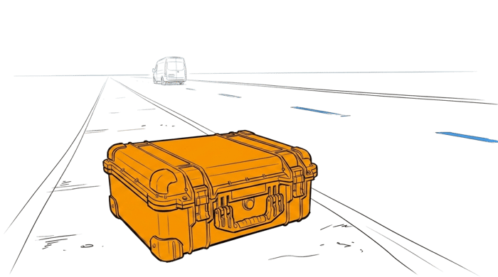 A high-value diagnostic tool left behind on the ground at the roadside as a service van drives away into the distance, showing the cost of a tool left behind on a job.