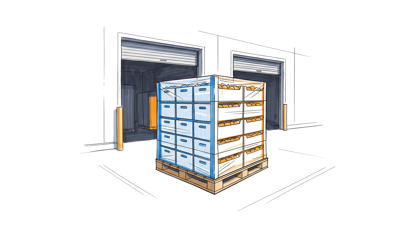A pallet of chilled produce left standing in the sun on a loading dock outside a cold store, showing where a cold chain breaks in the gap between controlled points.