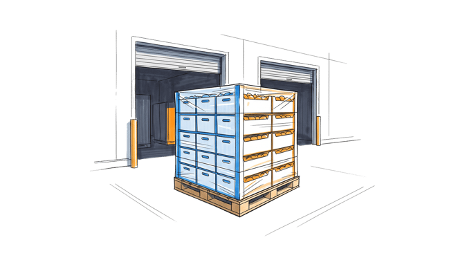 A pallet of chilled produce left standing in the sun on a loading dock outside a cold store, showing where a cold chain breaks in the gap between controlled points.