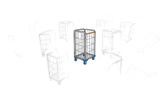 A single solid roll cage at the centre of the frame, surrounded by faint, fragmented outlines of roll cages dissolving into empty space, illustrating returnable transport items lost from a fleet.