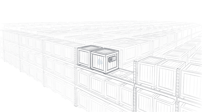 A single tagged shipment crate highlighted among rows of identical crates on warehouse racking, showing how a tracked item stays findable while it waits in storage.