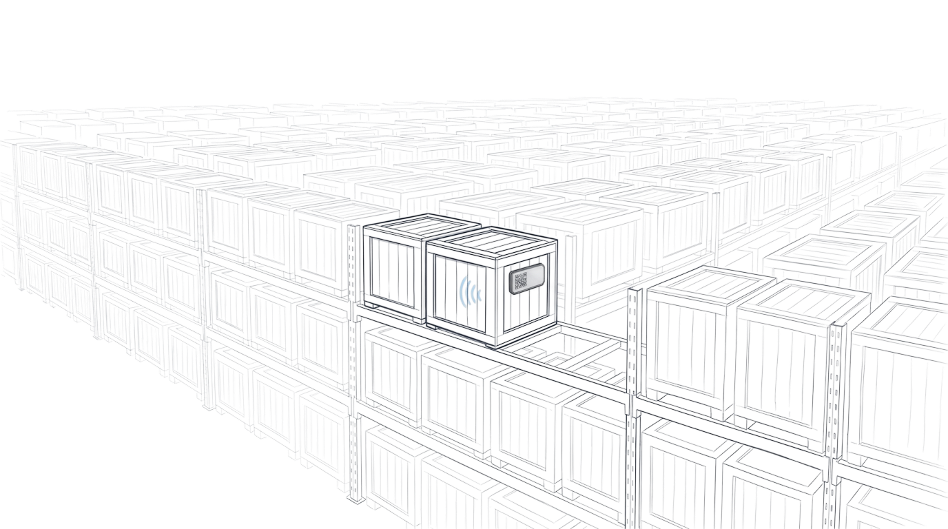 A single tagged shipment crate highlighted among rows of identical crates on warehouse racking, showing how a tracked item stays findable while it waits in storage.
