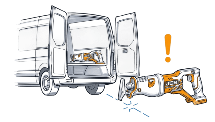 A tracked tool inside a service van and an identical tool left on the ground outside it, with breaking signal arcs and an alert symbol, showing a tool separating from its vehicle. (2)