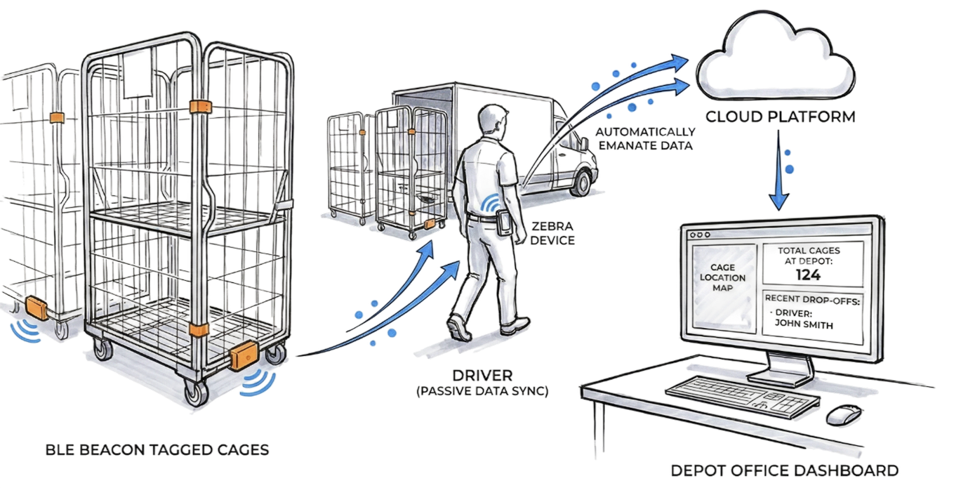 A warehouse worker going about their tasks with a rugged handheld device holstered on their belt, wireless signal arcs passing between the device and a tracking tag on a nearby roll cage.