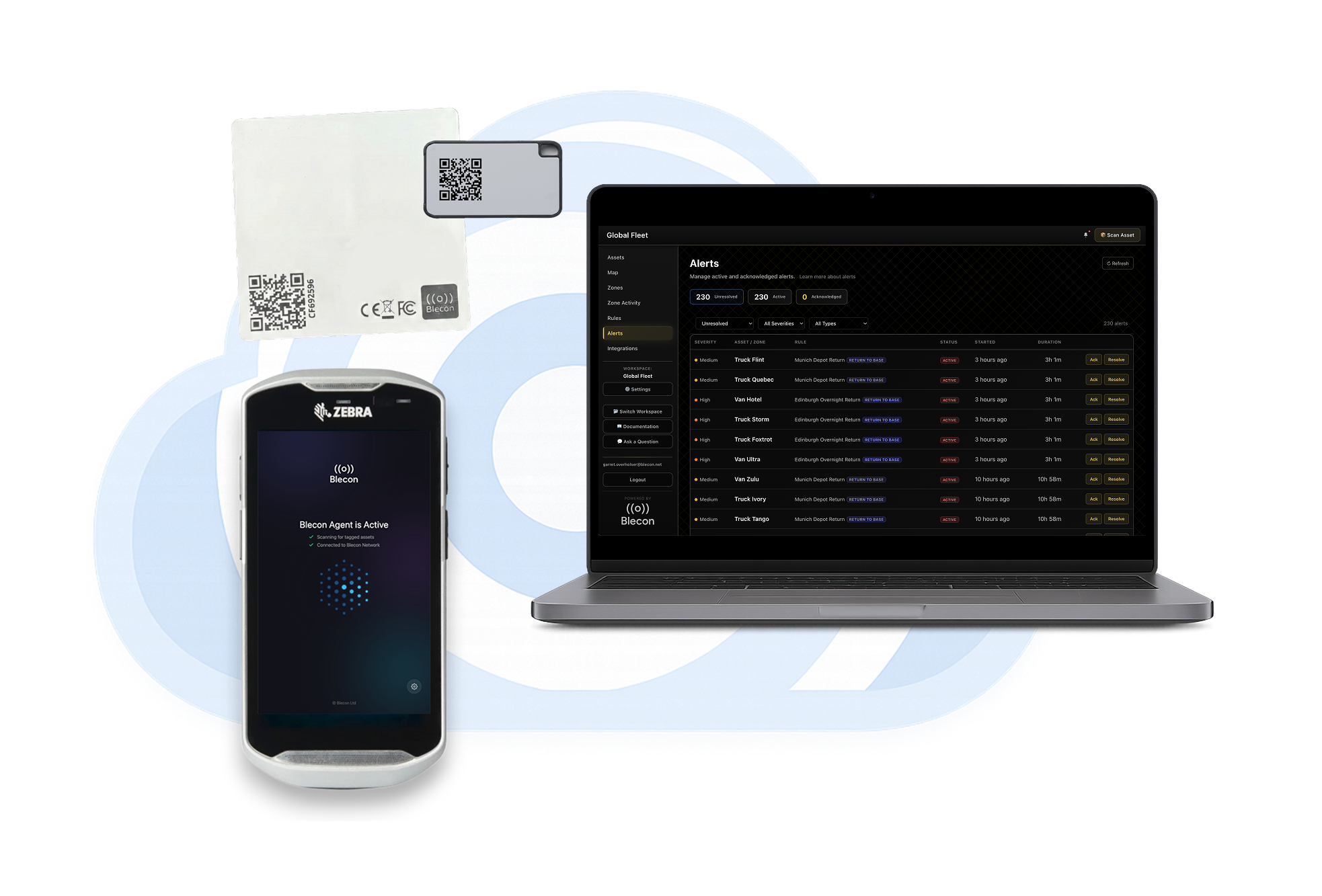 Diagram of how Blecon Track works: Asset Tags broadcasting Bluetooth signals to Hotspots, the Blecon Network processing data, and Blecon Track surfacing operational decisions