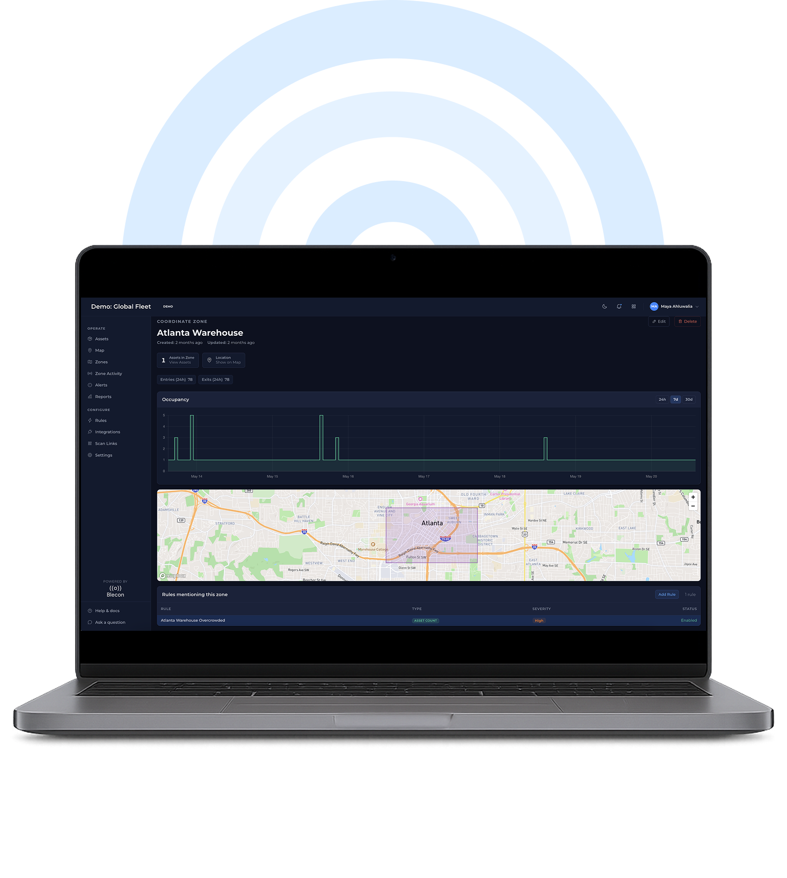 Zone configuration, rules and live occupancy counts in Blecon Track