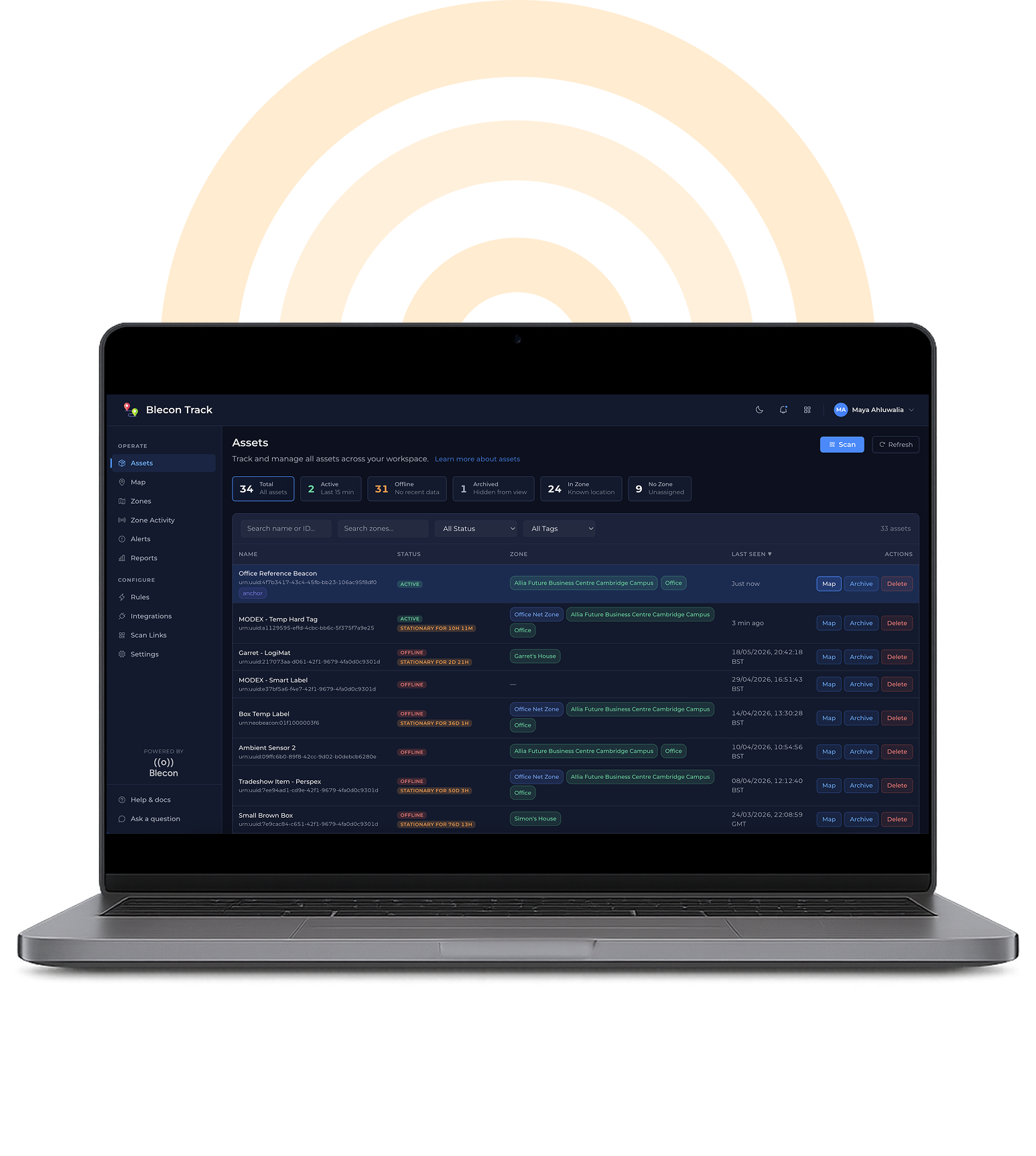 Blecon Track interface showing live asset locations, status filters and asset markers across multiple sites