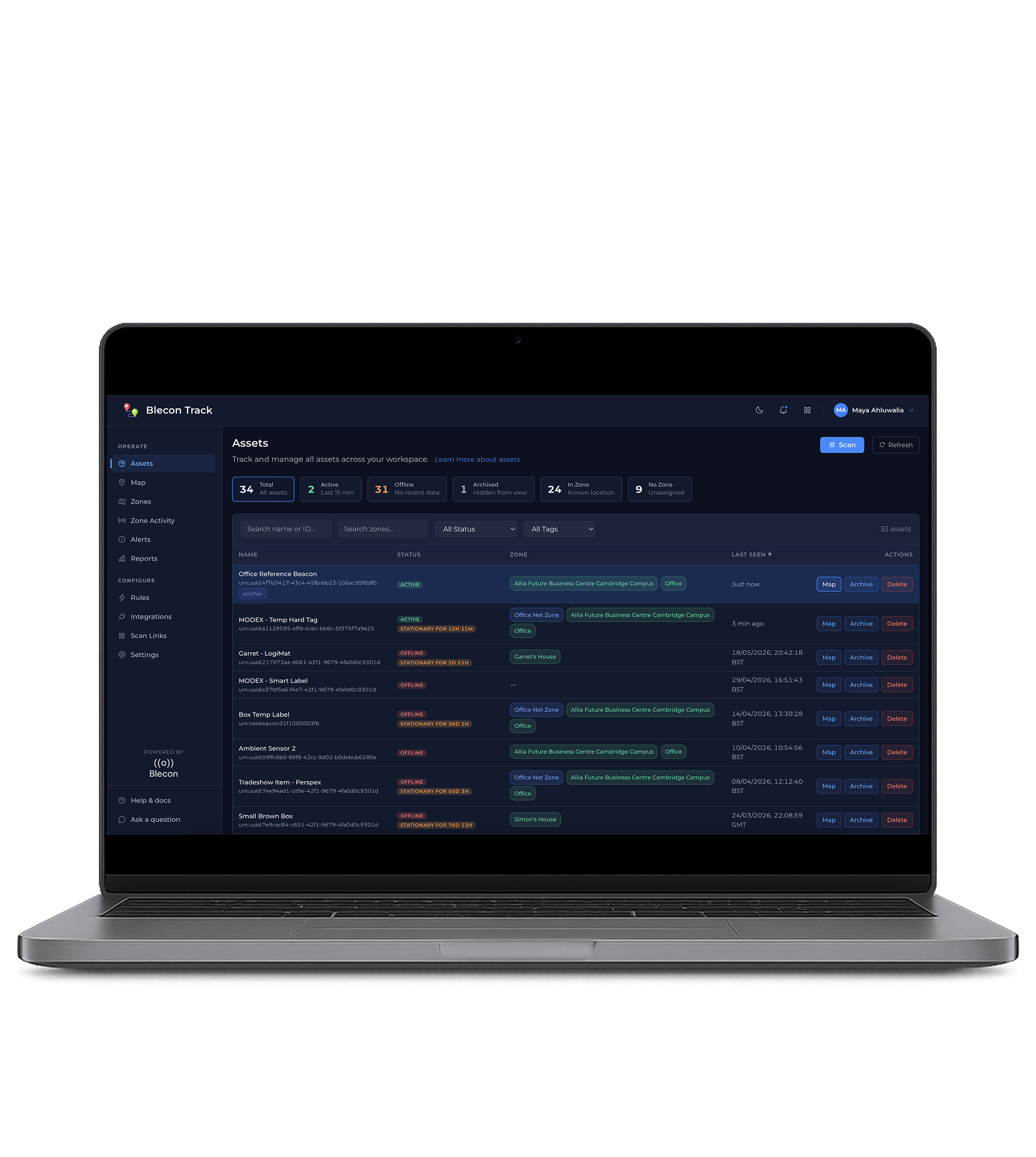 Blecon Track interface showing live asset locations, status filters and asset markers across multiple sites