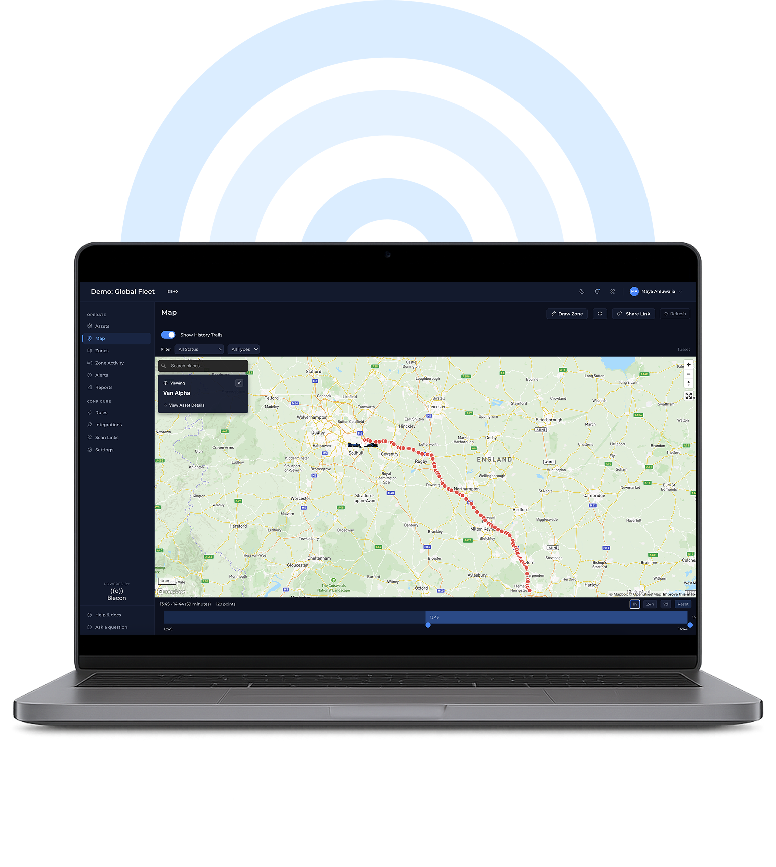 Live map view in Blecon Track with asset markers and movement trails across yards and transit lanes