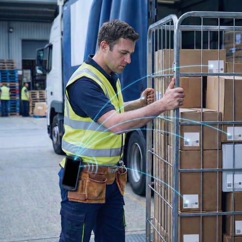 Blecon Agent running on a Zebra handheld, picking up Asset Tag signals as the worker moves through the operation