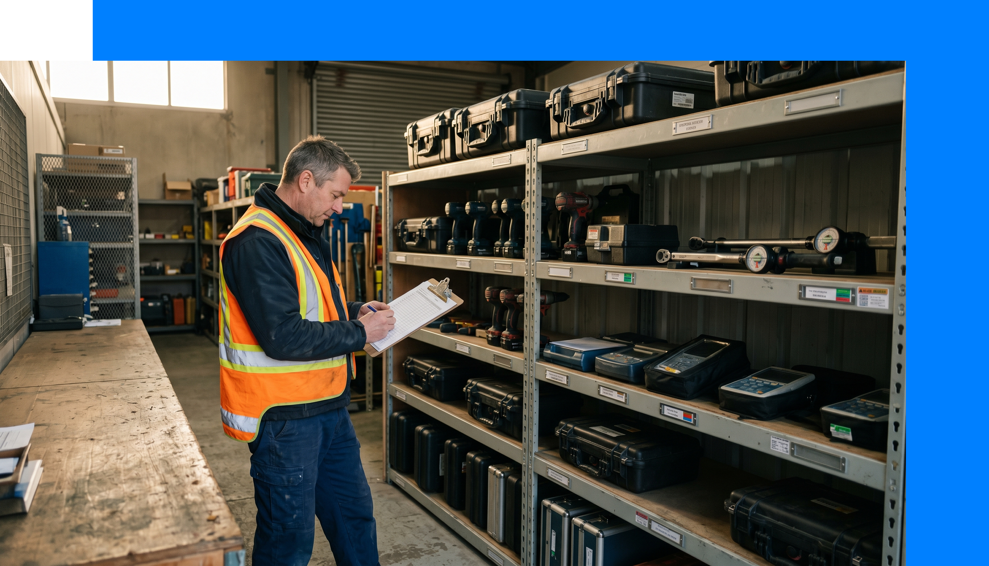 Asset manager reconciling tool fleet against industrial shelving with visibly empty positions where high-value equipment hasnt been returned.