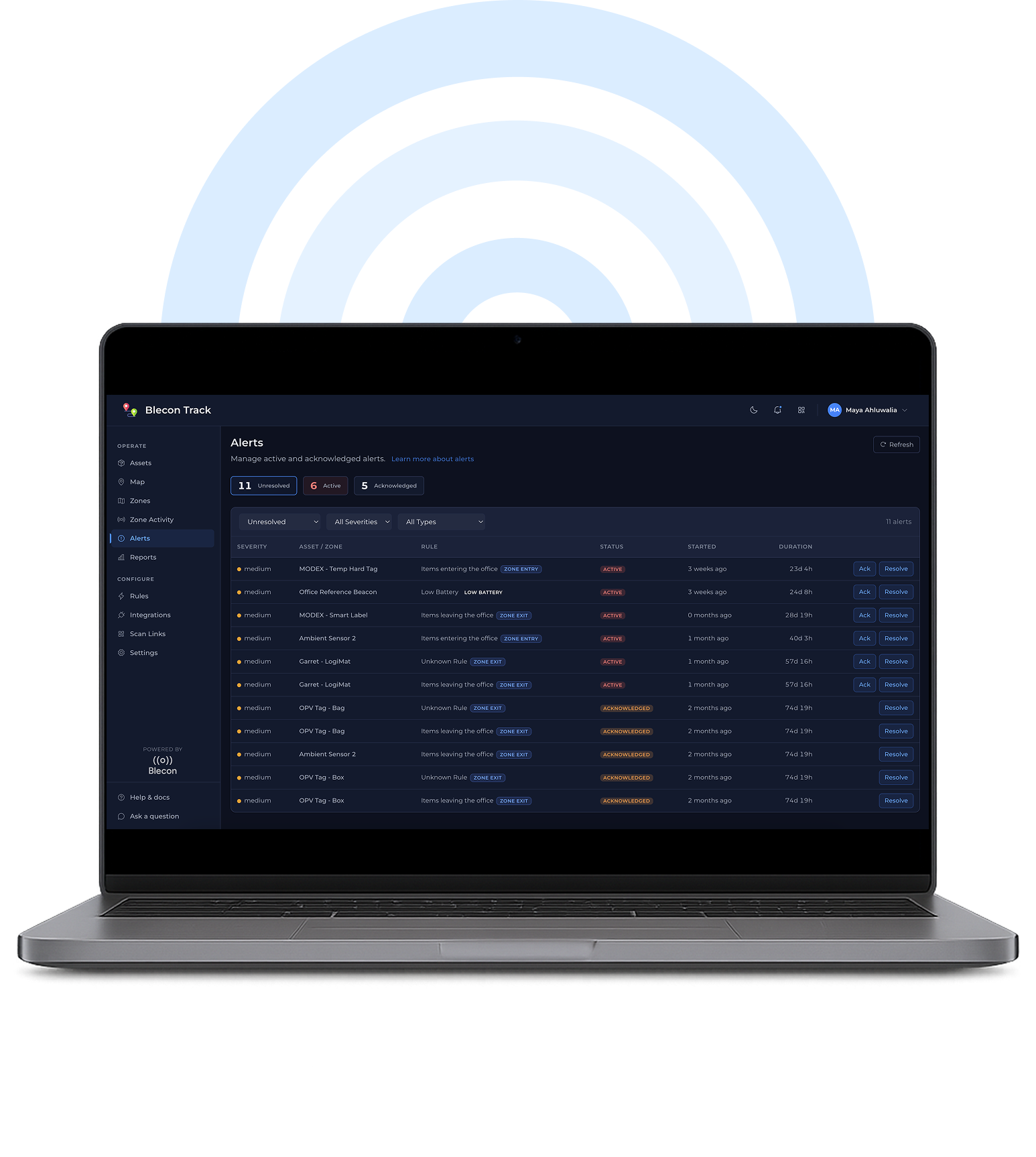 Live exception list and alerts queue in Blecon Track, with violation context and triage options