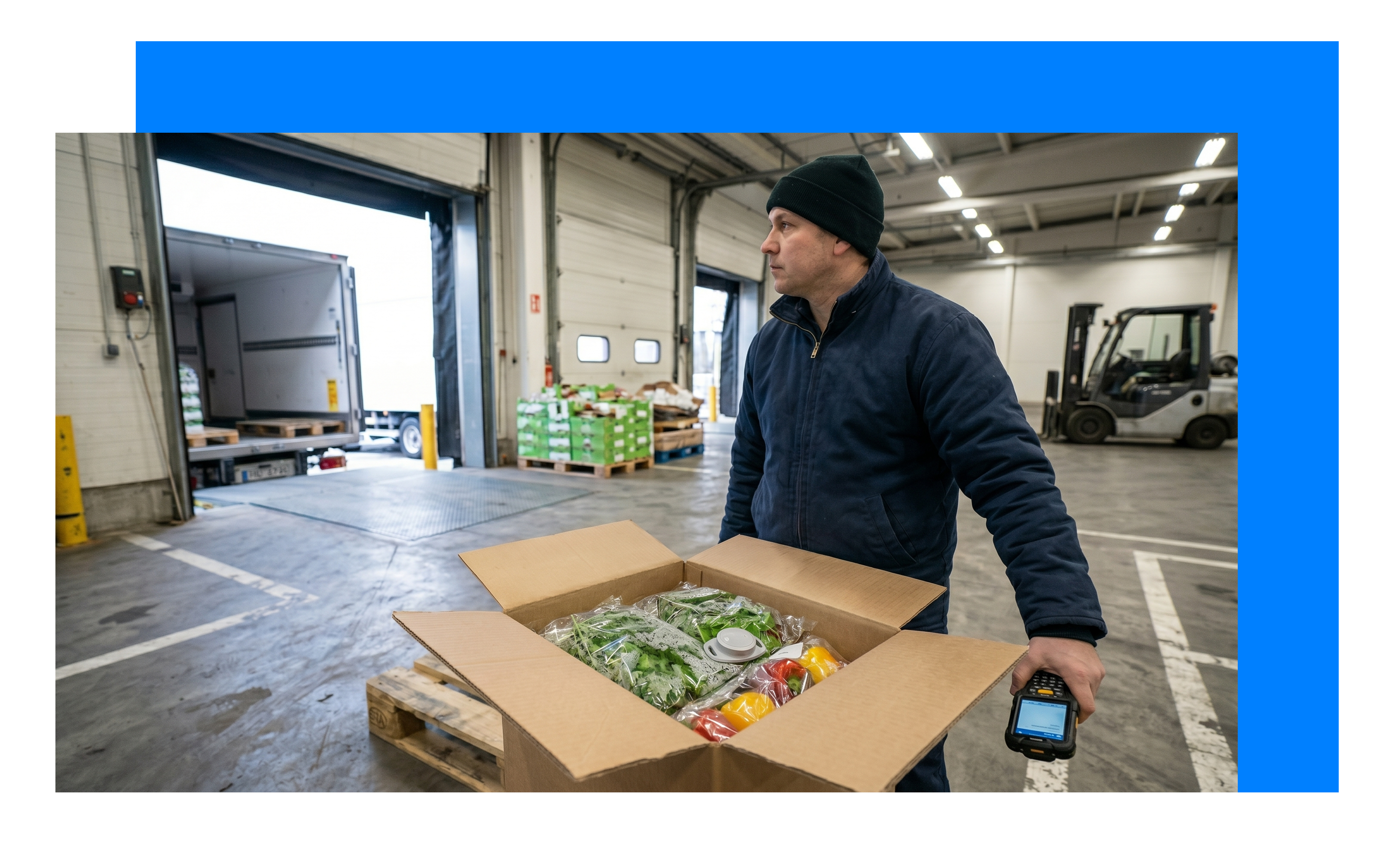 Cold chain worker placing a Blecon logger Tag on a box of temperature-sensitive goods