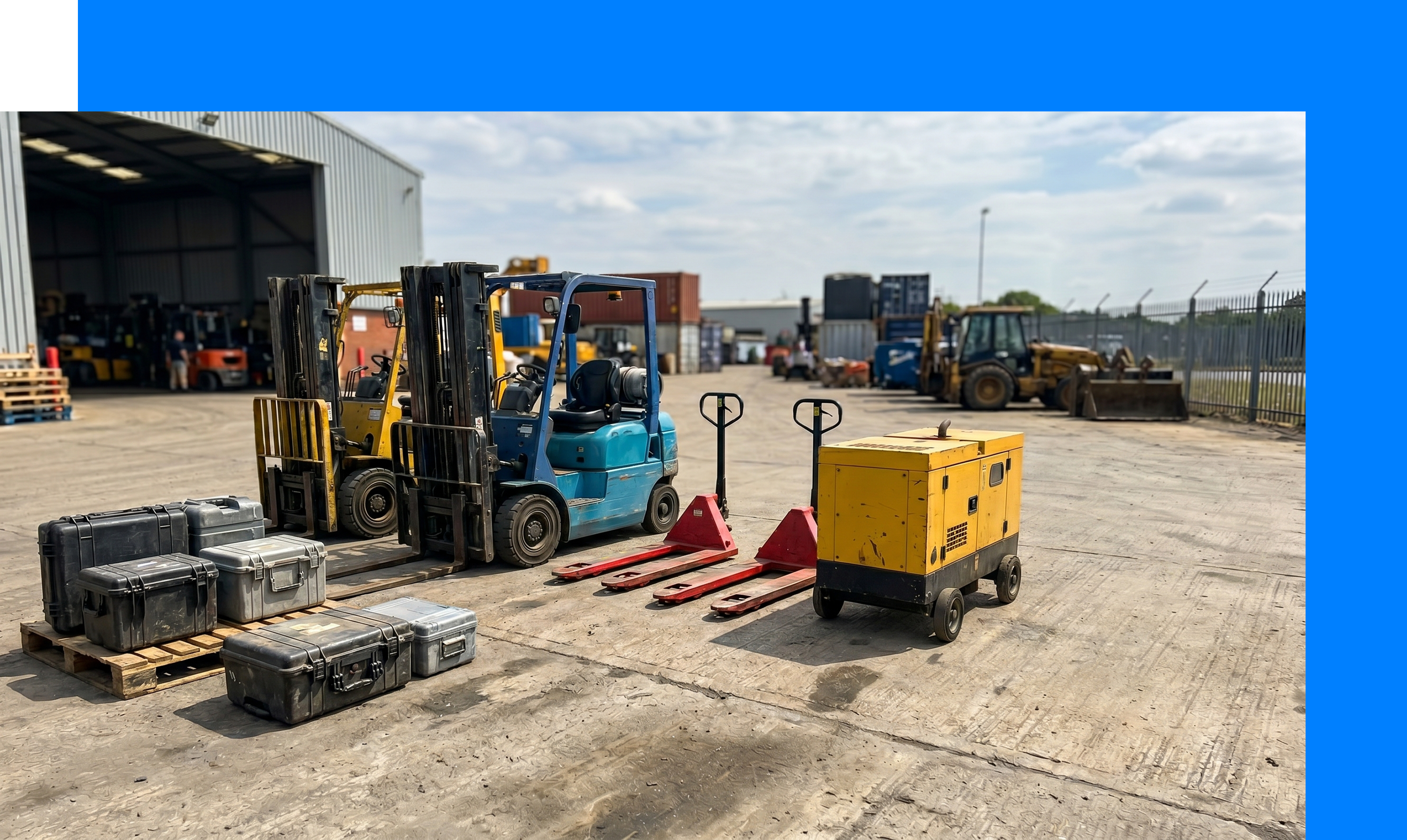 Depot yard with forklifts, pallet trucks, a generator and a sack truck alongside a few tool cases.