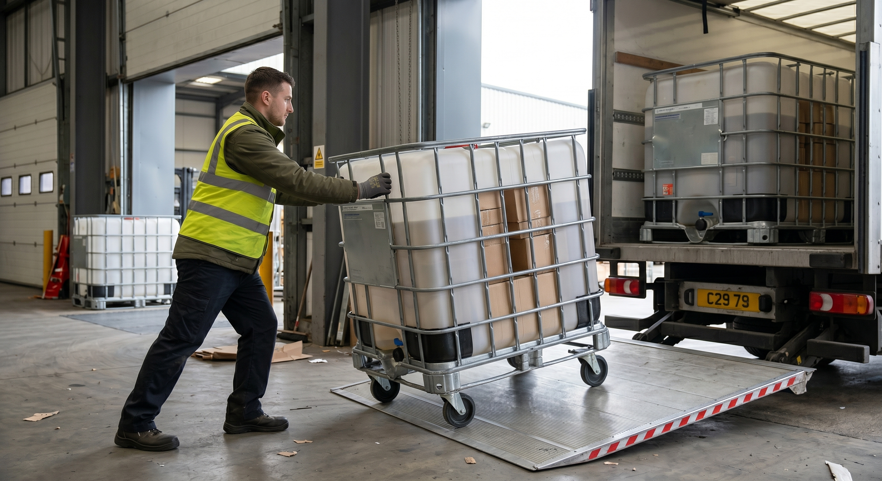 Driver loading an IBC for delivery — rti asset tracking no blue background