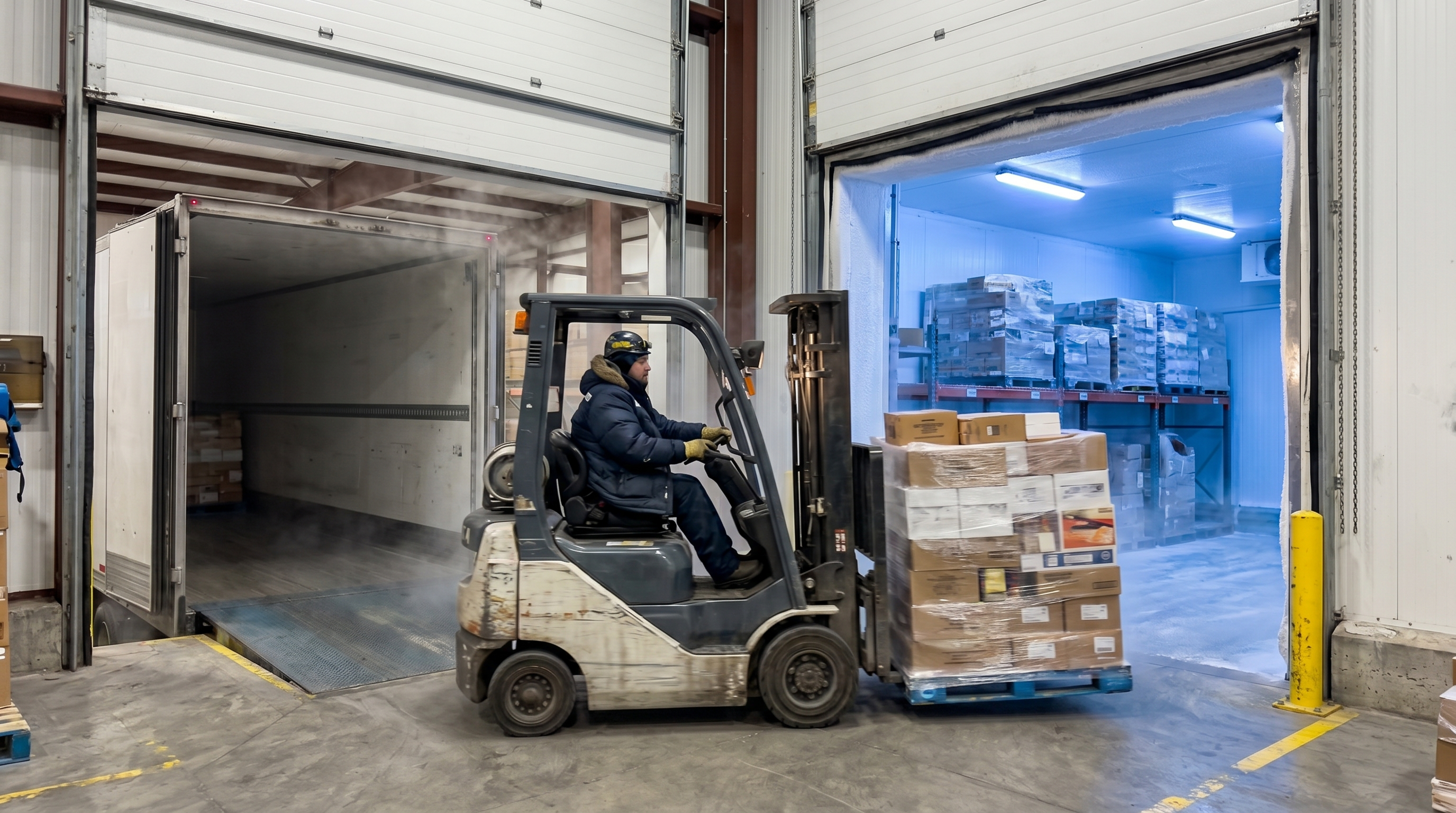 Driver unloading a refrigerated vehicle — cold chain monitoring no blue background