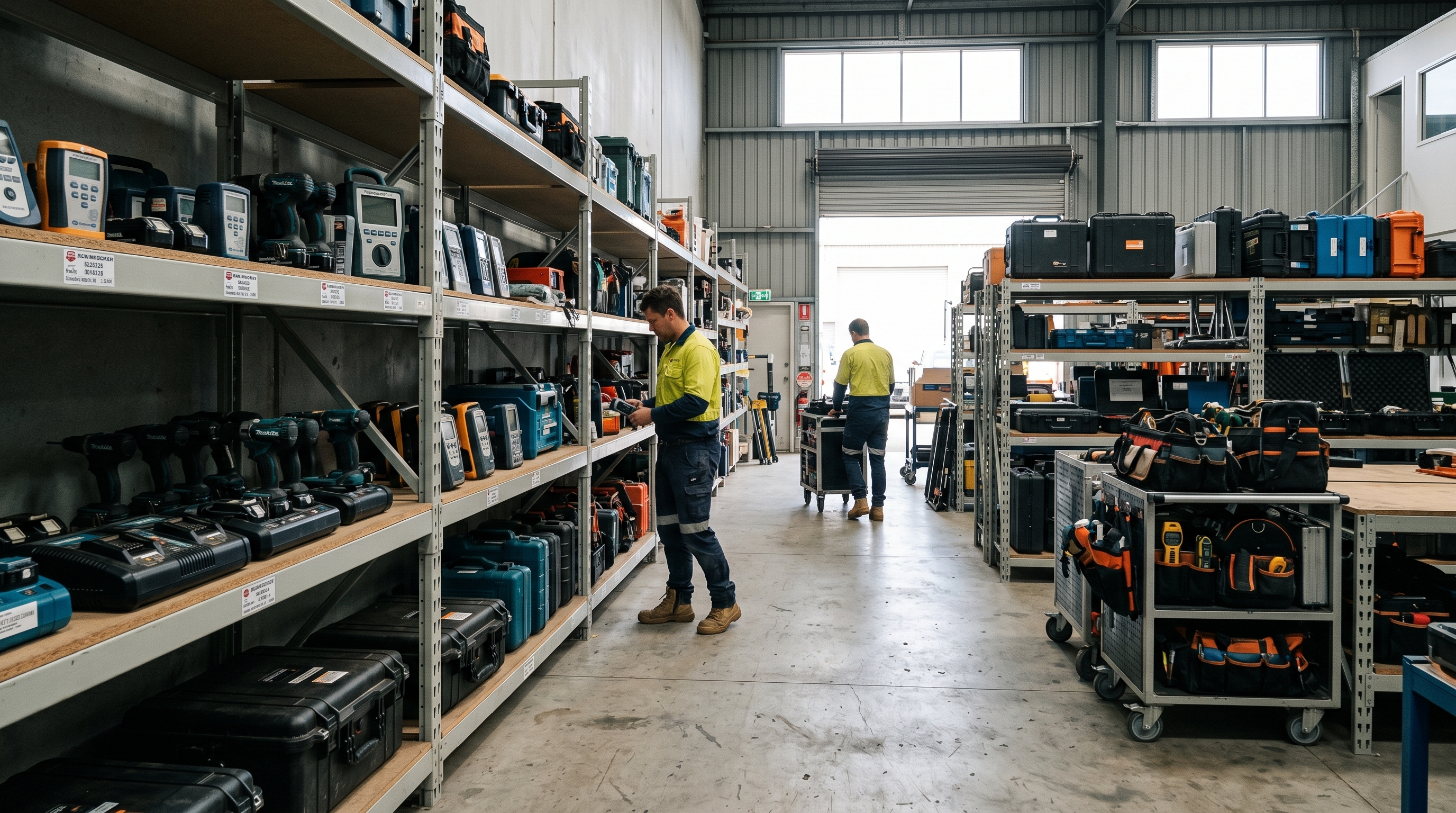 Professional equipment store with cordless power tools, calibrated instruments and field service kit organised across industrial shelving.