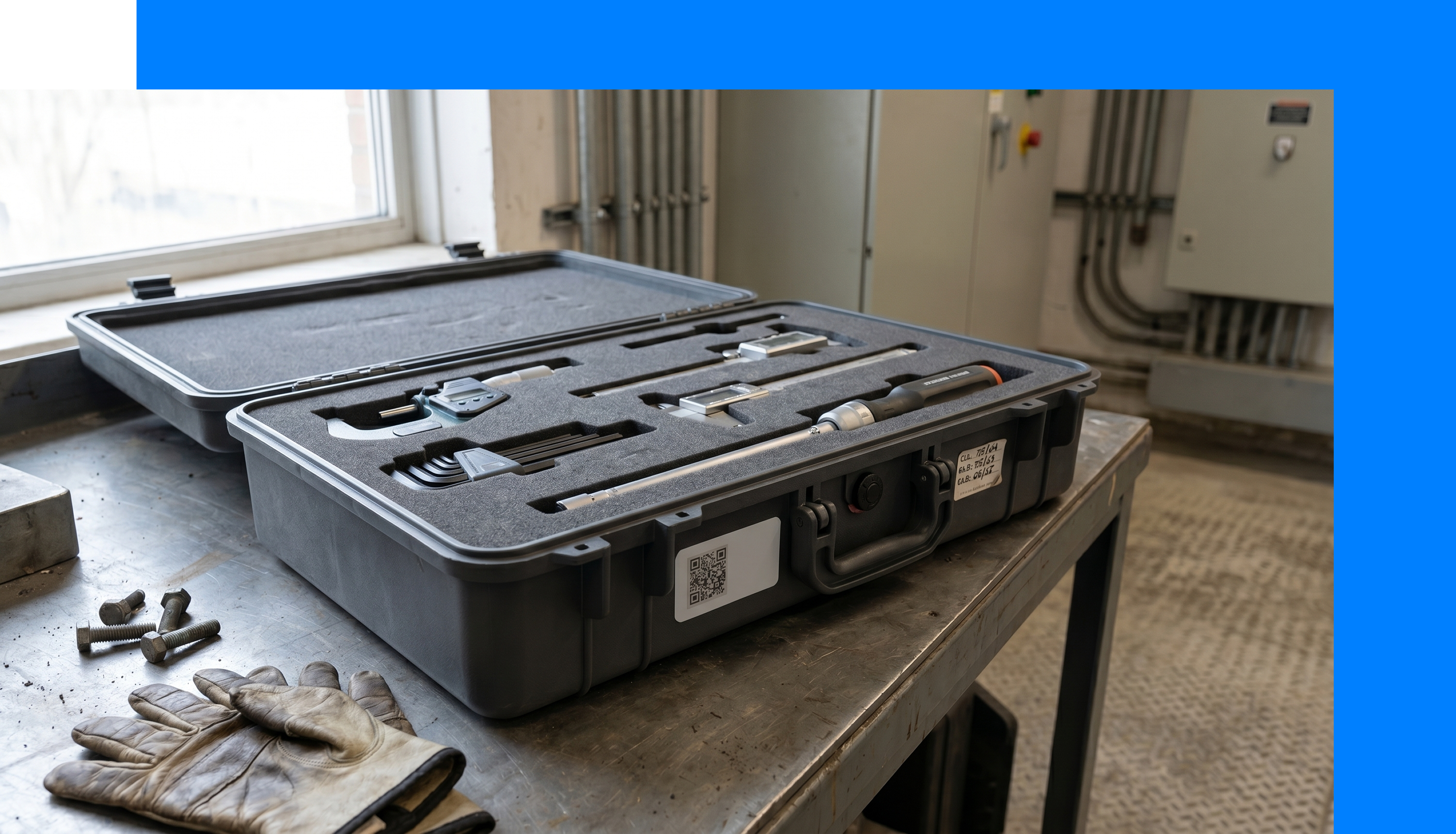 Hard case of tools and instruments with Bluetooth tracking tag visible on the case exterior.