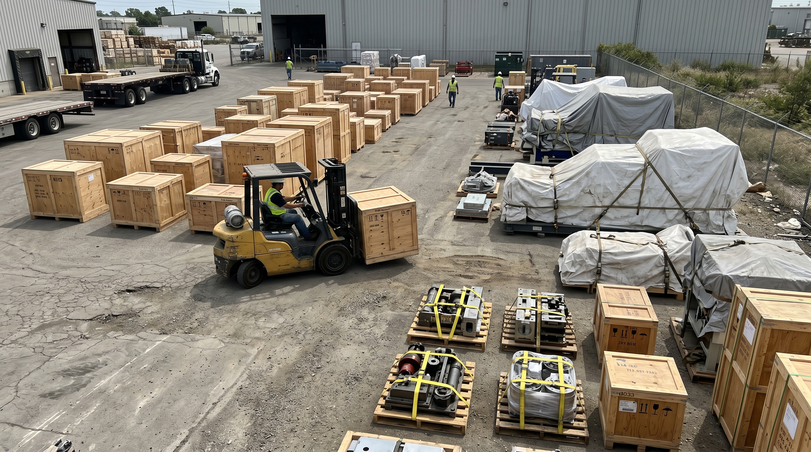 Industrial staging yard with diverse crated and palletised capital equipment ready for inter-site movement. No blue background.