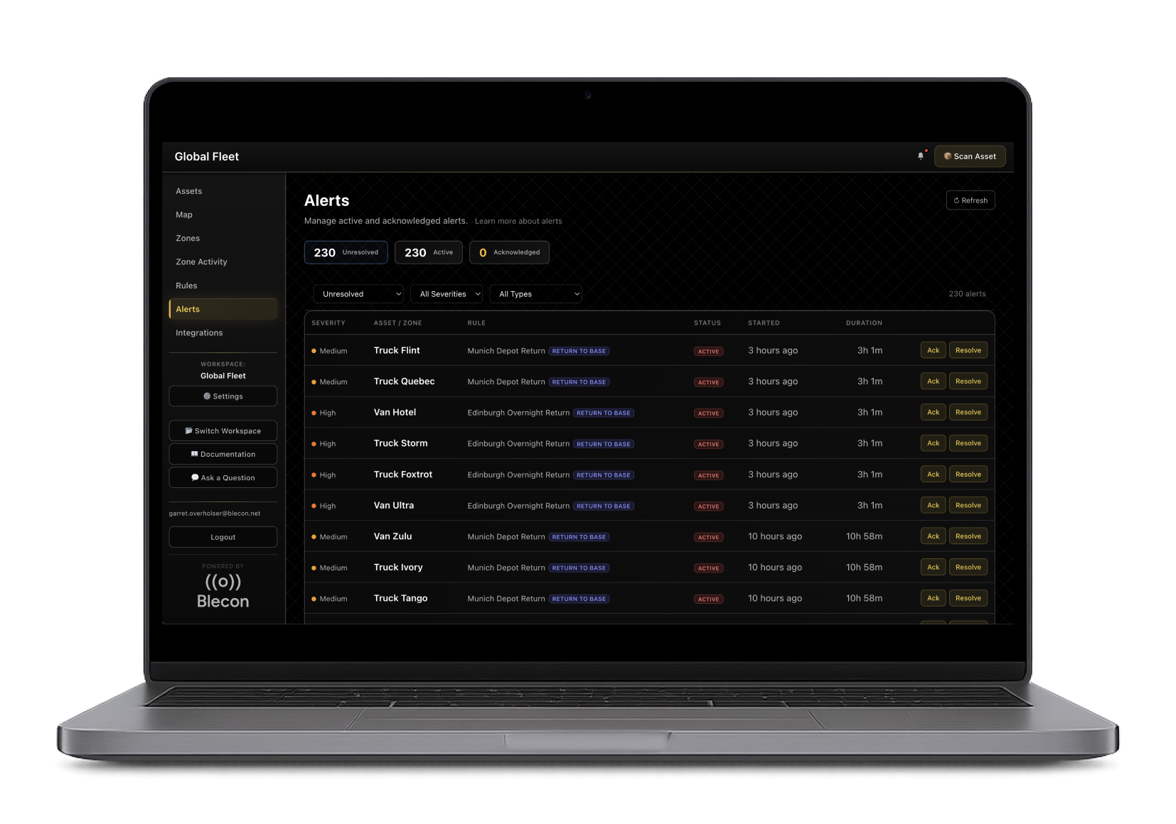 Laptop UI Blecon Track Alerts
