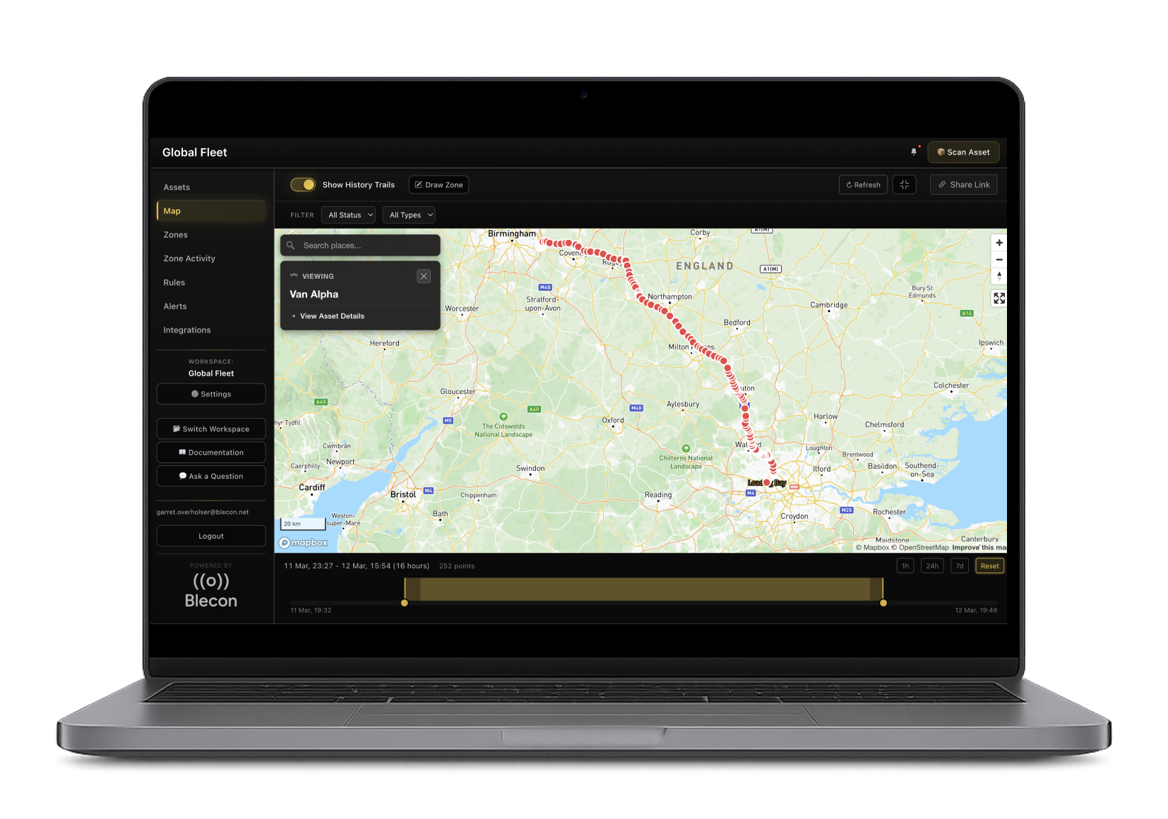 Laptop UI Blecon Track Live Map & Trails
