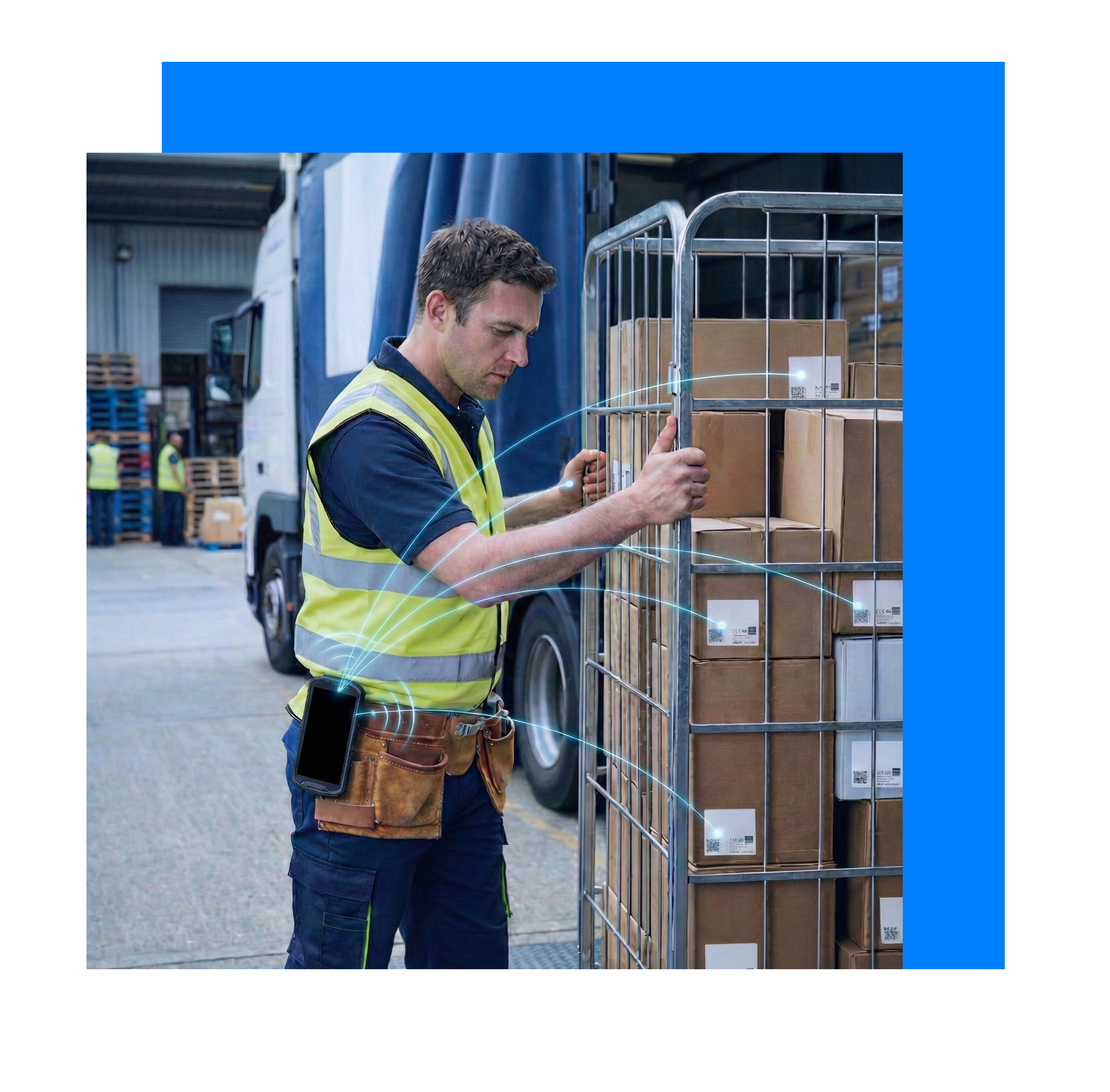 Cold chain worker offloading a refrigerated vehicle with no manual data collection — Blecon Agent captures Tag signals automatically