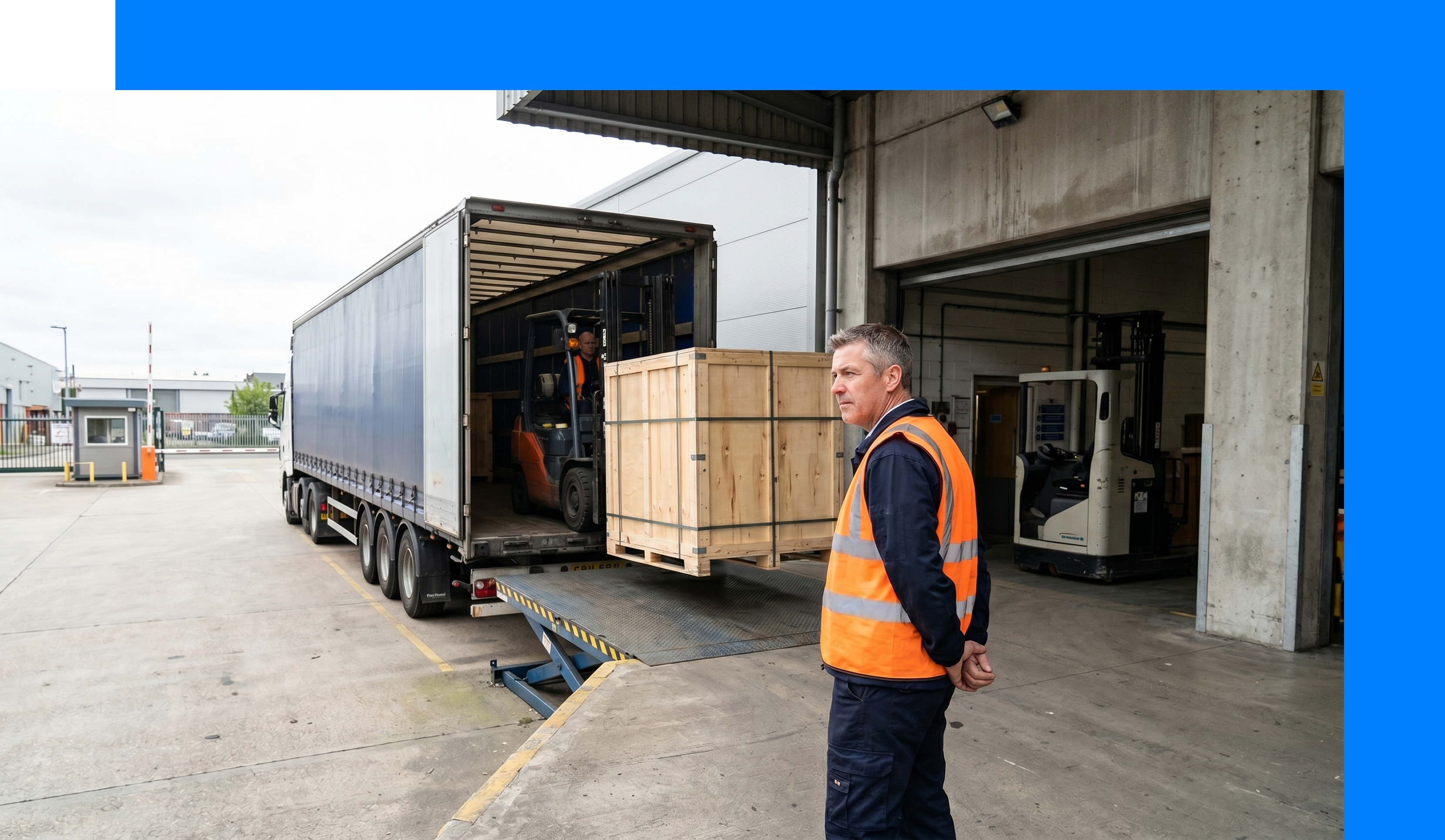 Operations manager in hi-vis observing crated capital equipment being unloaded from a logistics trailer at an inter-site receiving dock.