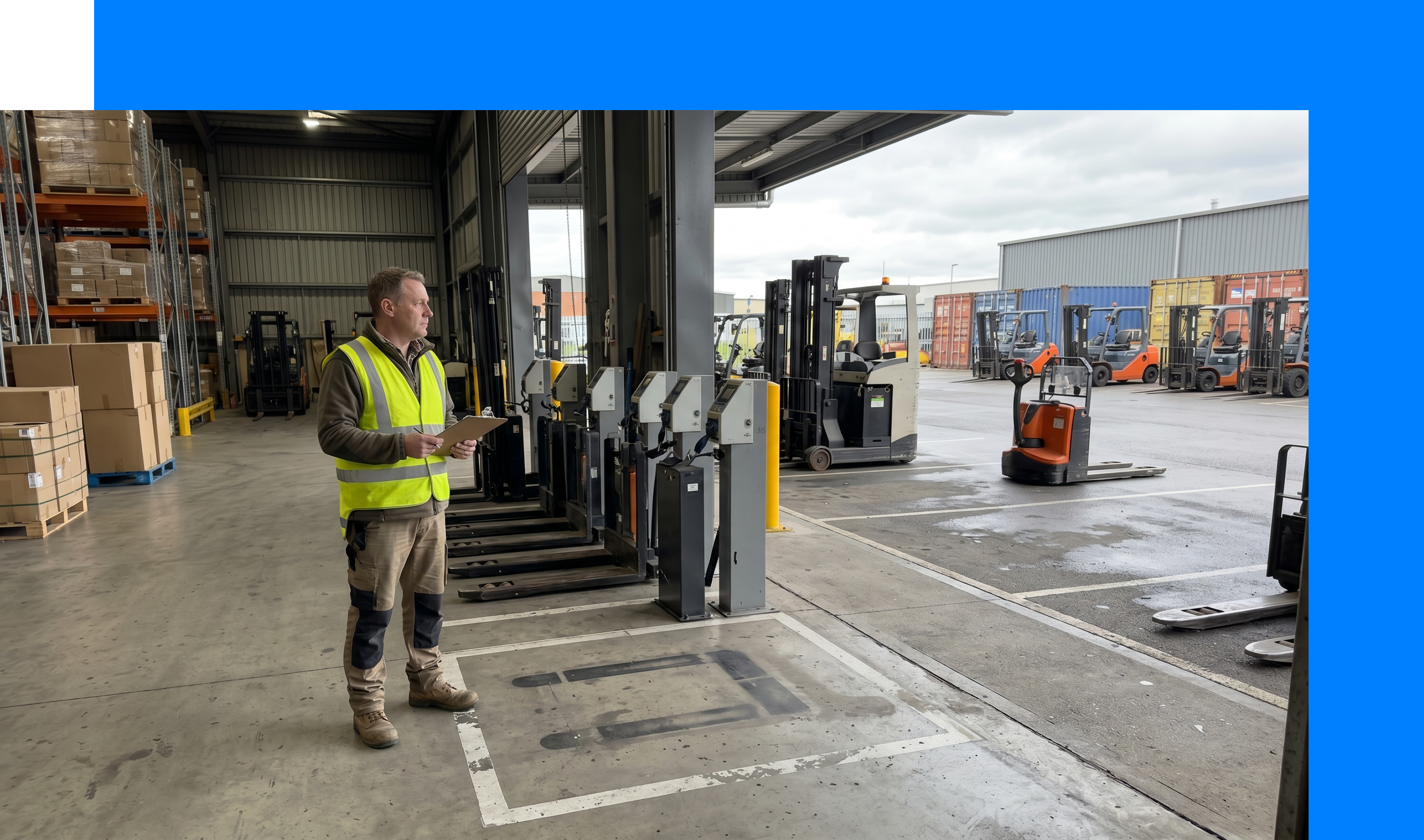 Operations manager reviewing a forklift and pallet truck fleet with an empty charging bay where a unit is missing.