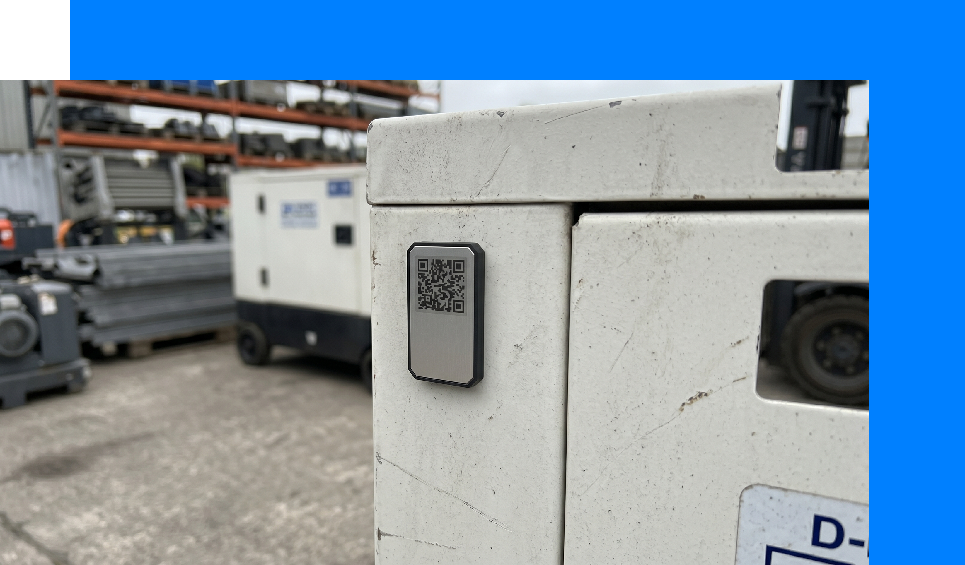 SH01-BCN Micro Bluetooth tracking tag adhered to a mobile generator in a depot.