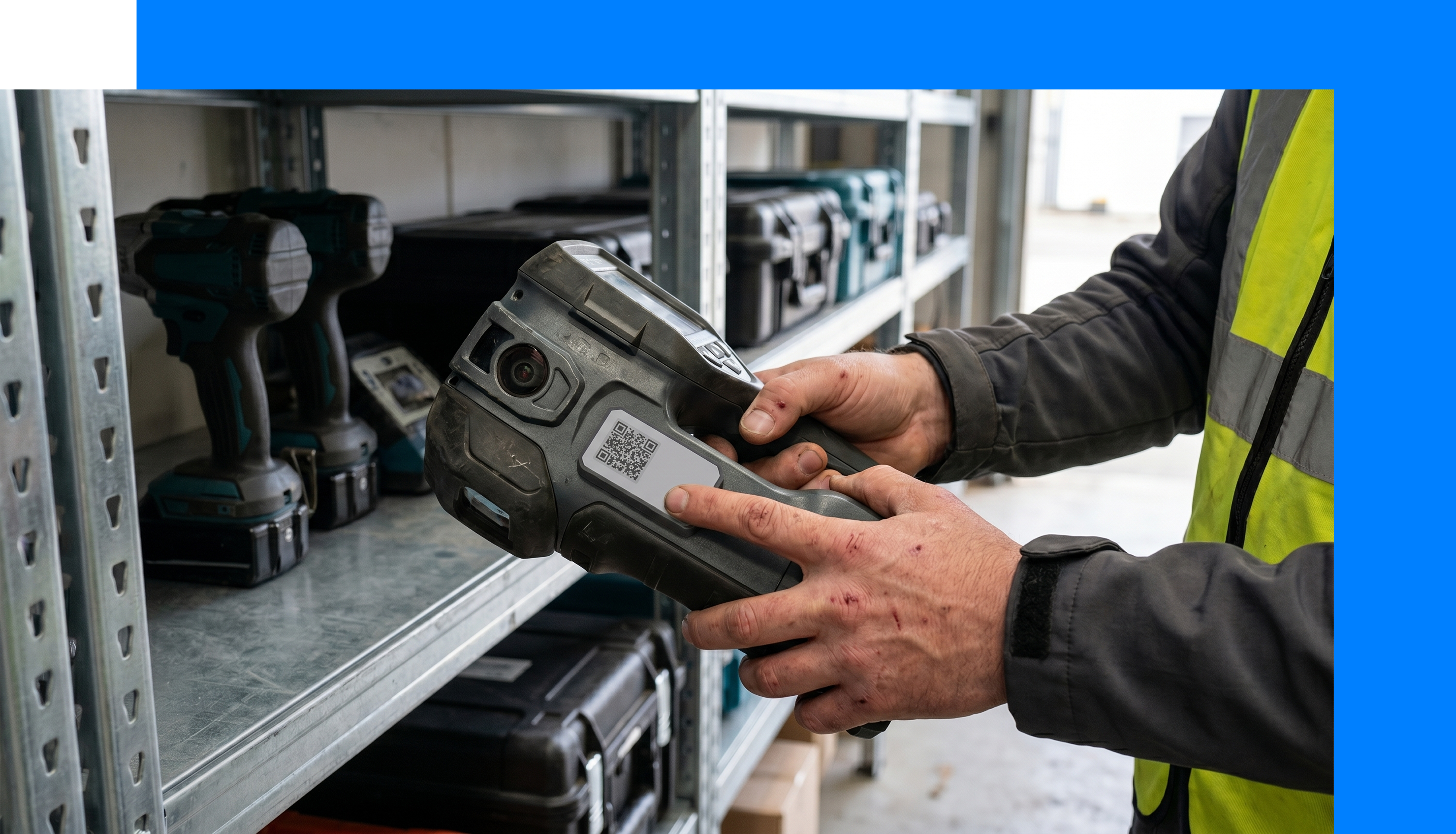 Technician selecting a high-value tool with a Bluetooth tracking tag attached, from professional equipment store shelving.