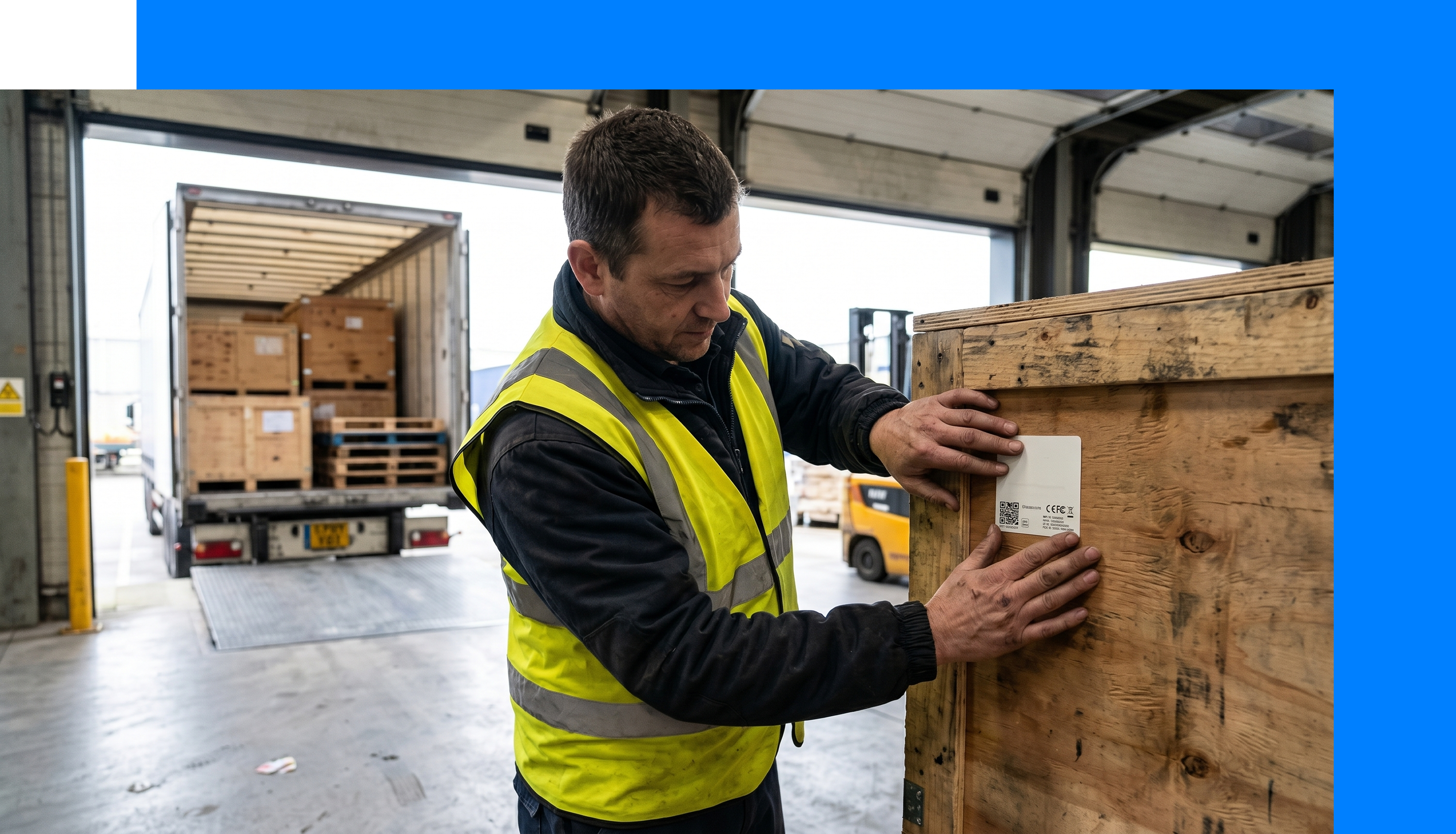 Warehouse worker applying a Bluetooth tracking label to a wooden shipping crate before inter-site dispatch.