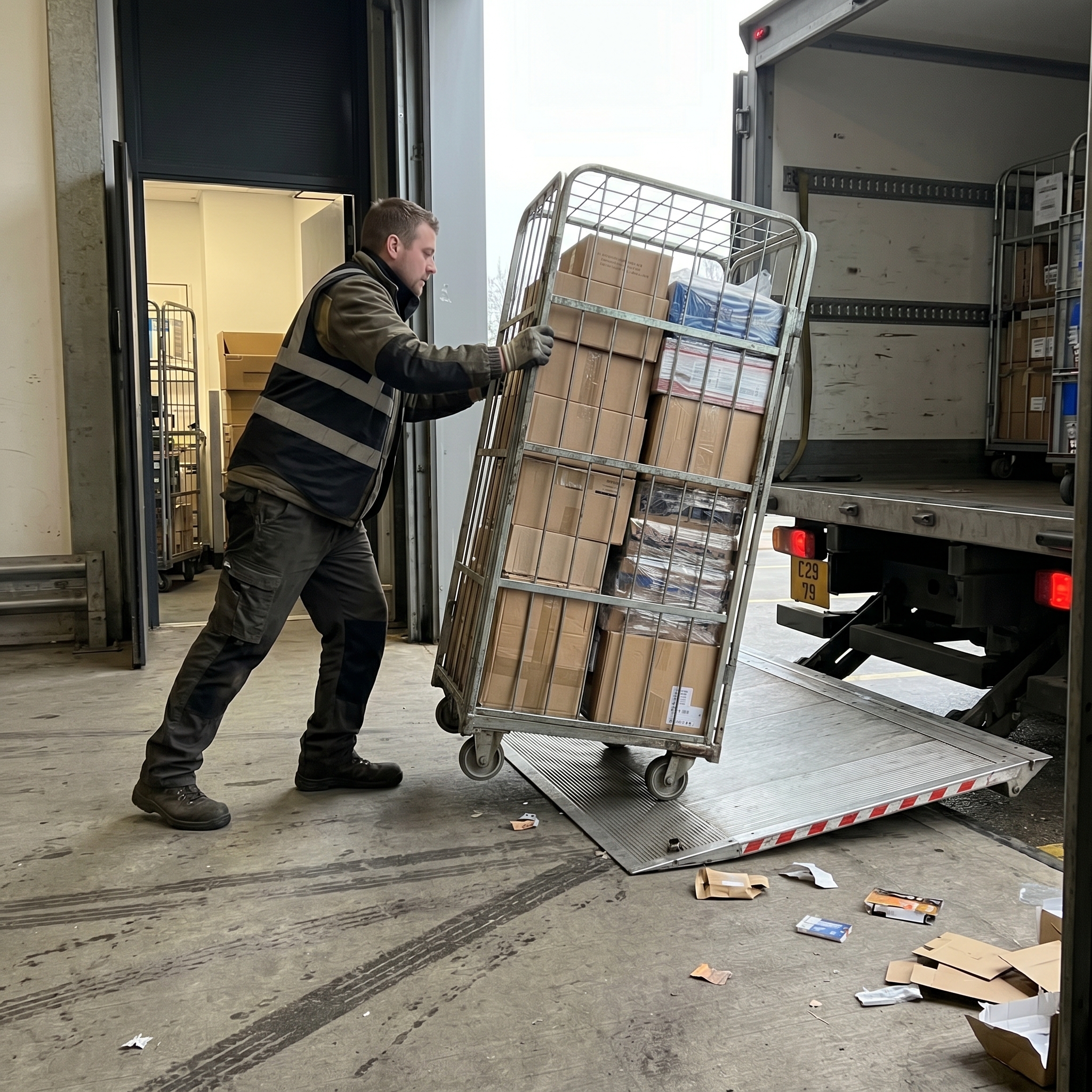 Driver loading a roll cage for delivery — returnables and reusable asset tracking