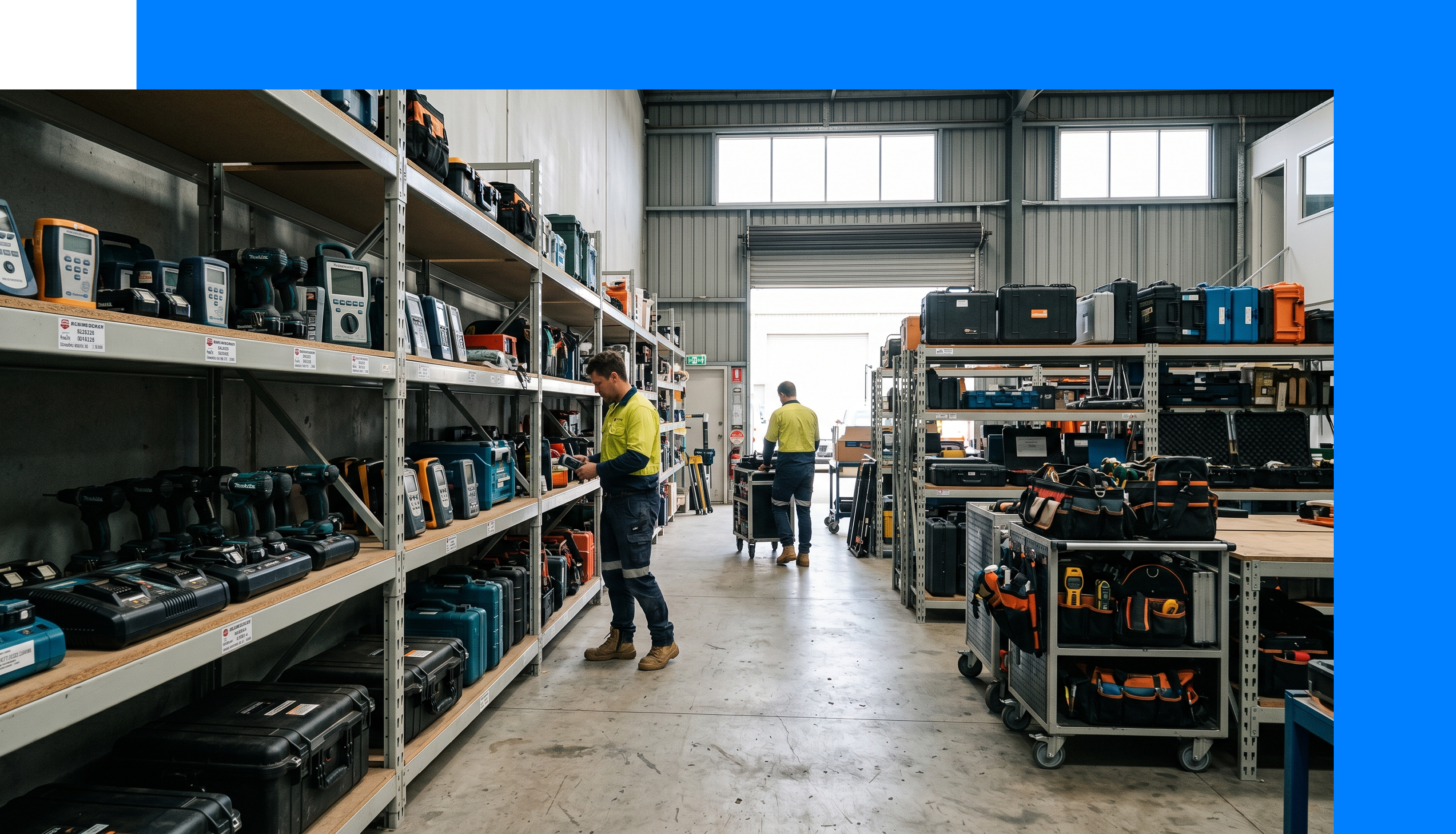 Professional equipment store with cordless power tools, calibrated instruments and field service kit organised across industrial shelving.