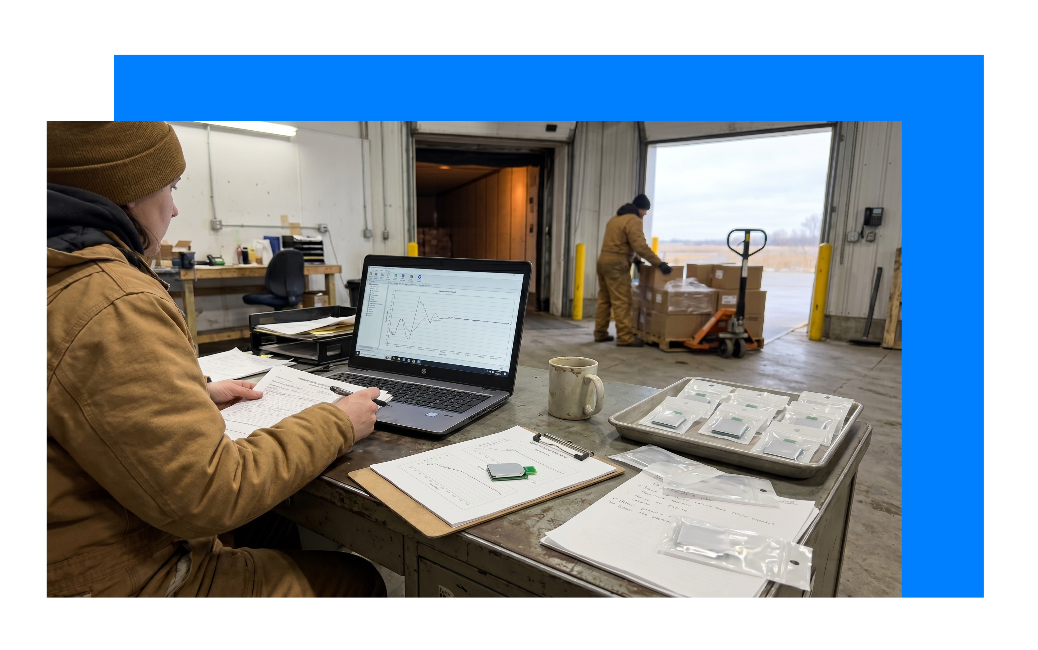 Receiving station with USB temperature loggers waiting to be downloaded — the manual workflow Blecon replaces